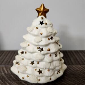 🎄 Vintage World Bazaars Porcelain Christmas Tree Votive Holder White Gold 7"